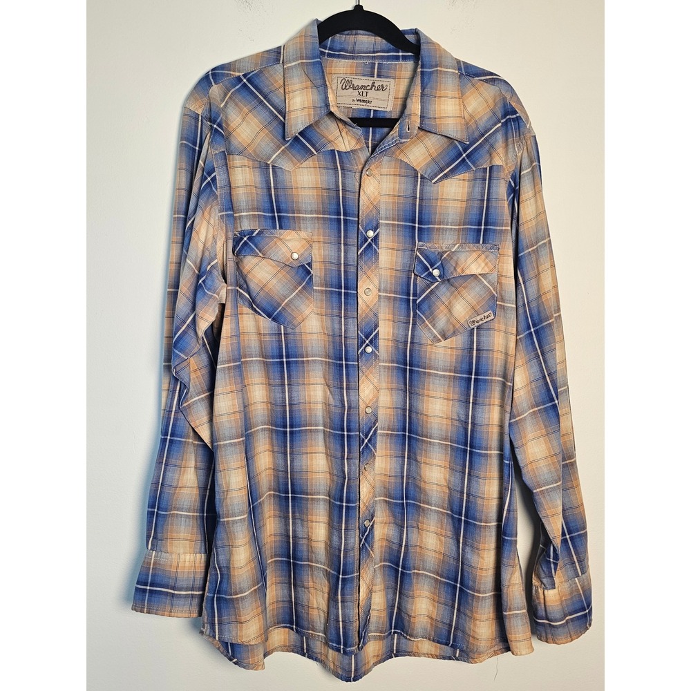 Western Wrancher Wrangler Pearl Snap Shirt Mens XLT Blue Tan‎ Plaid Tall Longslv